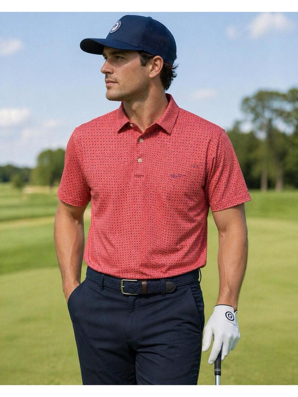 Men’s Coral/Salmon Golf Polo Shirt Patterned Short Sleeve Casual XXL Collared